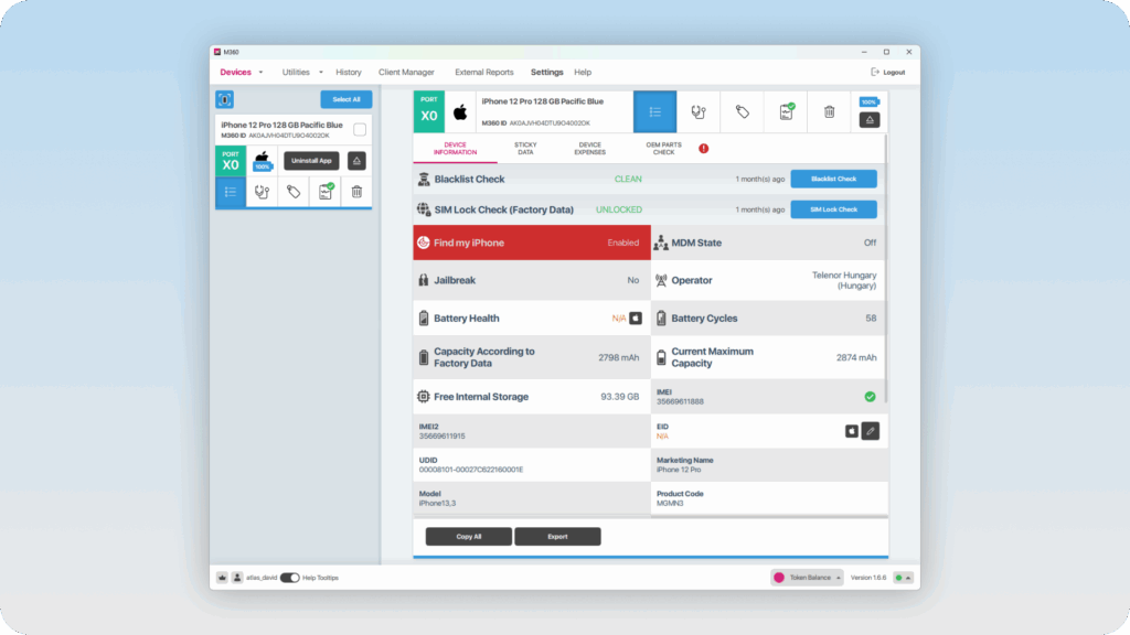 M360 software main screen.