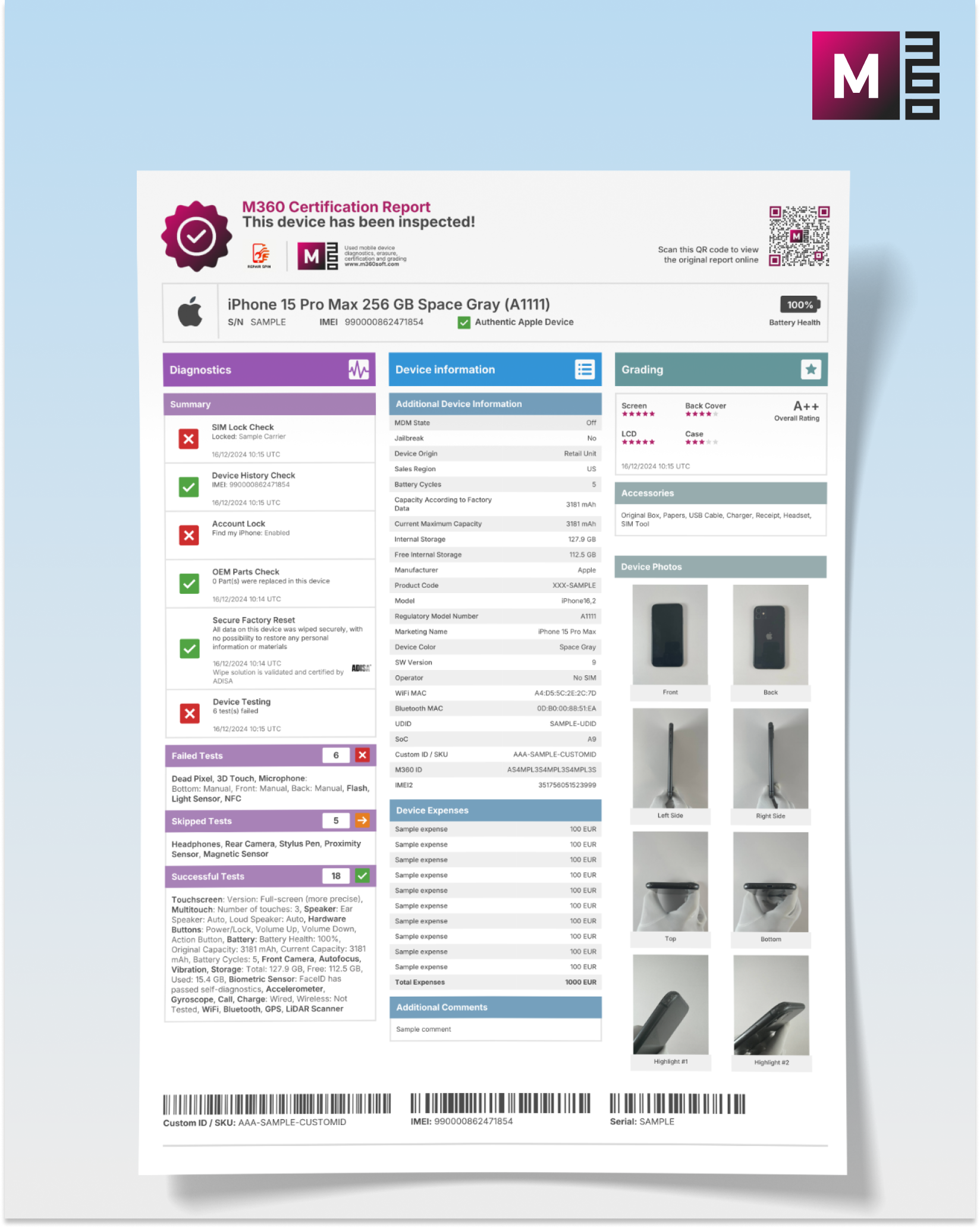 M360 certification showing essential the results of used phone diagnostics