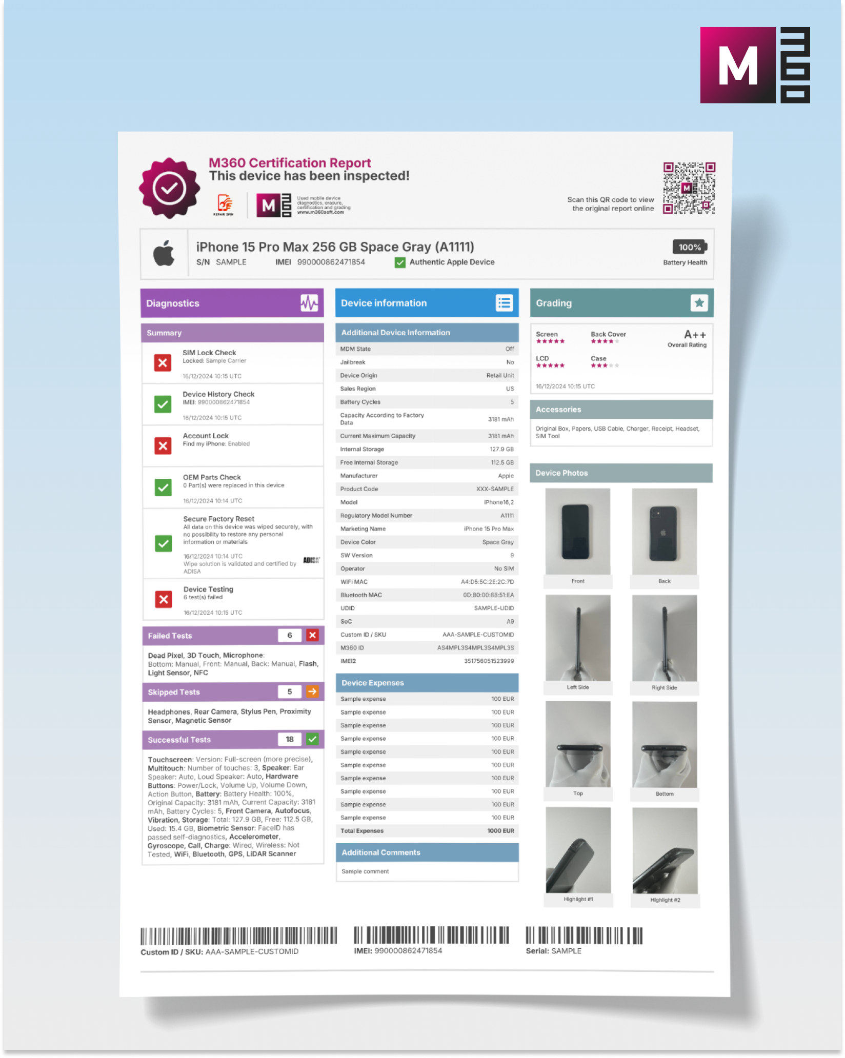 Showcasing an M360 Device Certification that contains unique device information