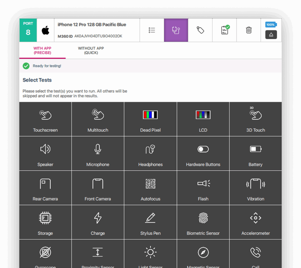 Image showing diagnostic features of M360 on how to check used phone quality.